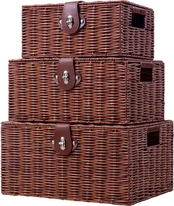 Set of 3 Woven Wicker Basket Box with Lid & Lock, Built-In Carry Handles, Multifunctional Storage Organizer
