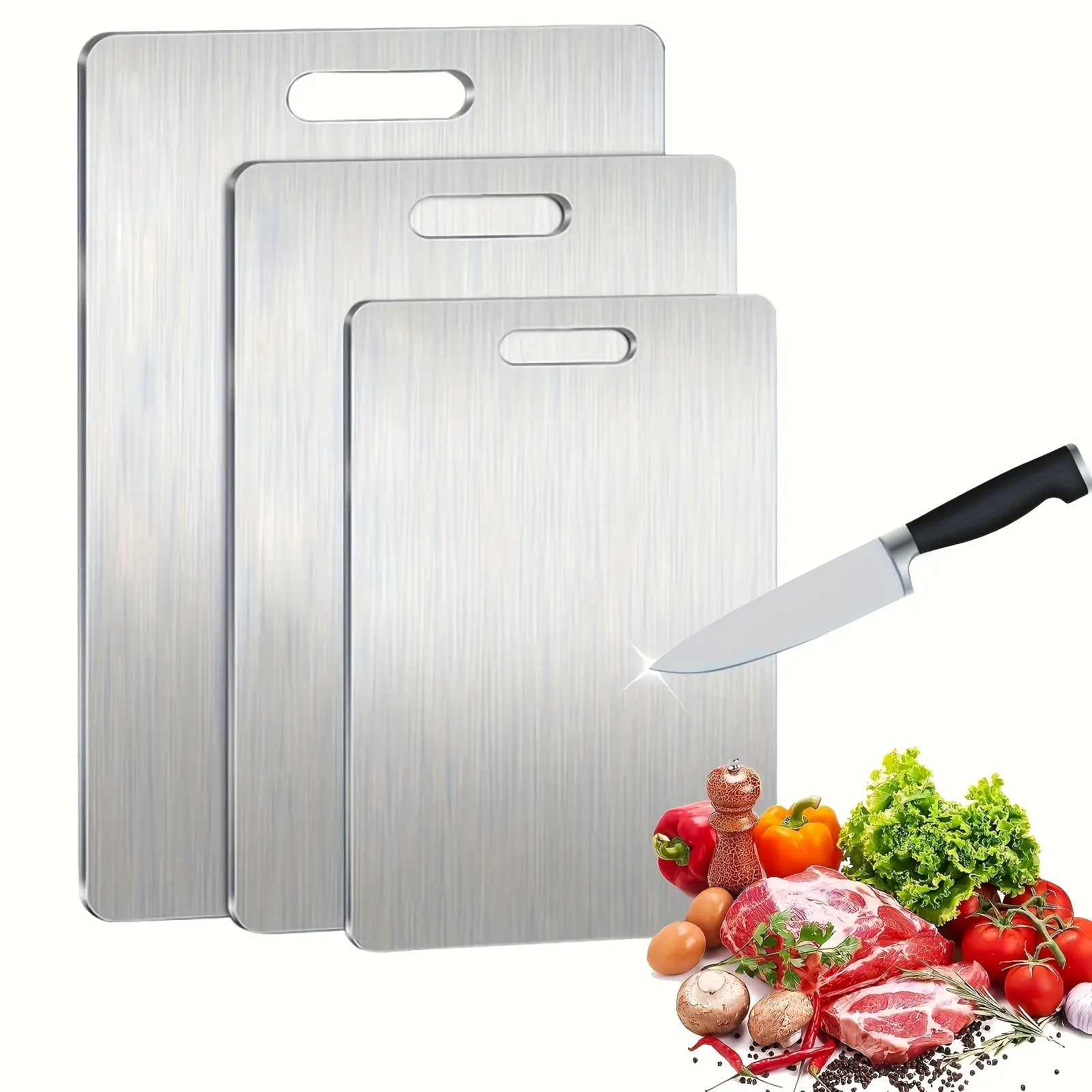 304 Stainless Steel Chopping Board with Handles - Food-Grade, Durable, Reversible, Non-Porous, Odor-Resistant, Easy-to-Clean Metal Chopping Board for Kitchen Prep (Fruit, Meat)
