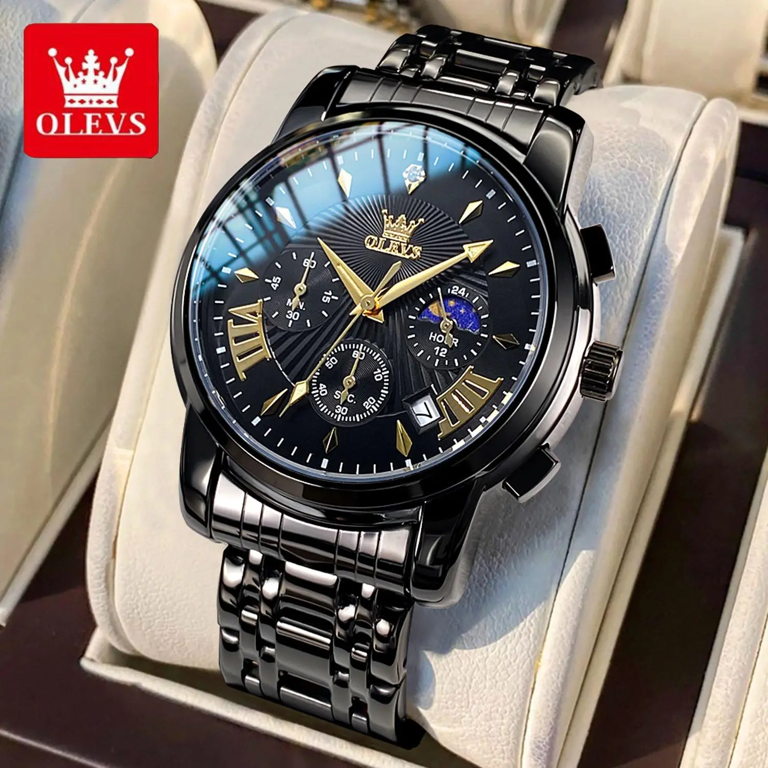 OLEVS Mens Watches Luxury Waterproof Luminous Easy Read Chronograph Watches Full Gold/White Dail/Black Face with Calendar Wrist Watches