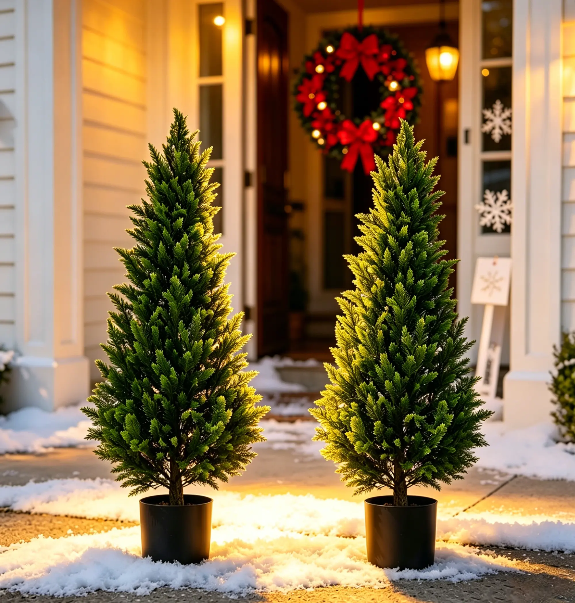 2-Set 4FT Artificial Cedar Topiary Trees, Outdoor-Indoor Faux Cypress Shrubs, Realistic Balcony Artificial Trees for Front Porch, Home Decor, Office Decoration
