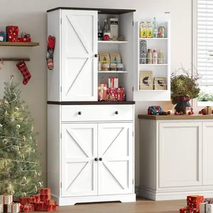 ONBRILL 71" Tall Farmhouse Kitchen Pantry Cabinet with 6 Door Shelves & Drawer, Wood Pantry Storage Cabinet with 2 Adjustable Shelves & 4 Barn Doors, Freestanding Cupboard for Kitchen, Dining Room