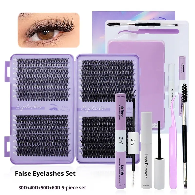 Women's 5Pcs DIY Segmented Individual Lash Extensions Kit, 30D-60D Mega Volume Lash Clusters Book with Tools, Waterproof Long-Lasting Hold, Gentle Safe Formula for Sensitive Eyes, Essential Makeup Eyelashes Beauty Tool