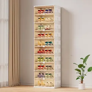 JEKO&JEKO 10 Tiers Single Row Foldable Shoe Rack Organizer Cabinet for Closet Entryway, Large Collapsible Shoe Storage Box with Magnetic Doors (White)