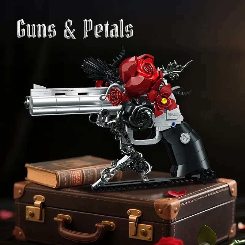 Guns & Petals Gothic Rose Revolver Building Block Set (631PCS) - Silver-Black Metal Sculpture-Inspired Model, Red Flower Thorn Vine, Safe Plastic DIY Toy for Artistic Hobbyists, Model Building Kits, Valentine’s Day Gift, House Decoration
