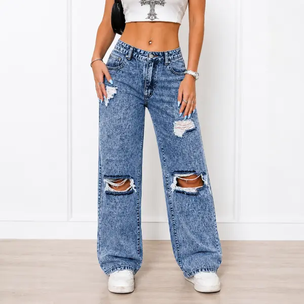 Women's Vintage Acid Wash Ripped High-Waist Wide Leg Baggy Denim Jeans - Womenswear Bottoms