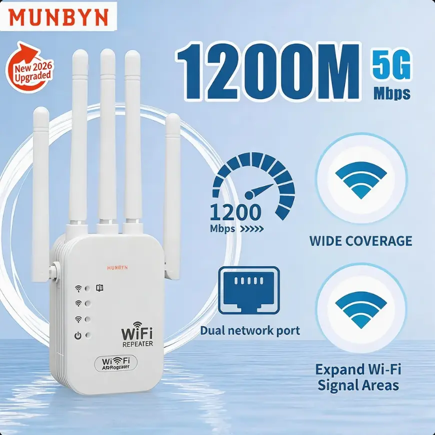 MUNBYN WiFi Range Extender 2026 - 1200Mbps Dual Band Repeater (5GHz/2.4GHz) WiFi Booster, Covers Up to 10000 sq.ft, Connects 50 Devices, Ethernet Port for Home Use (Range Extender Repeaters), Dual Band Repeaters