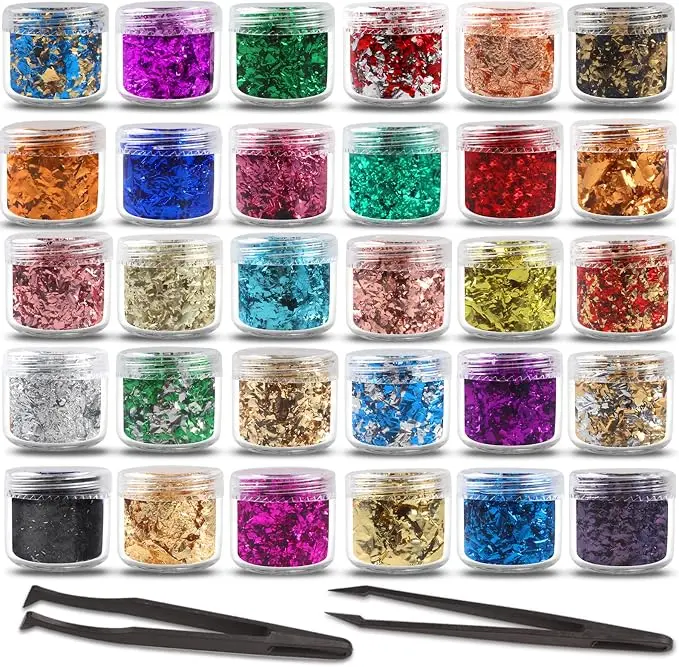 Gold Flakes for Resin - 30 Metallic Colors, Craft Foil with Tweezers for Resin Art, Nail Art, Jewelry & Candle Making