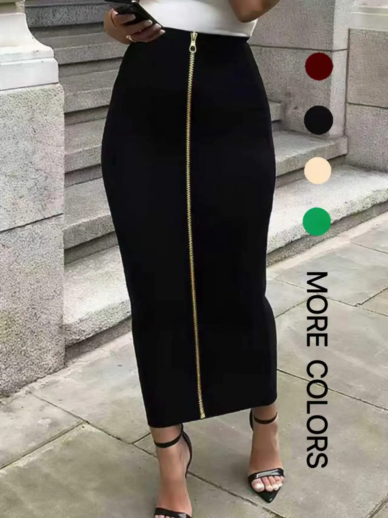 Women's High-Waisted Bodycon Long Skirt with Metal Zipper, Slim-Fitting Elegant Chic Minimalist Office Wear, Plain Womenswear for All Seasons, Elegant Fashion Skirt