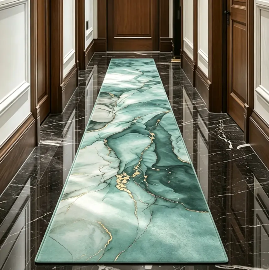 Modern Marble Pattern Runner Rug, Machine Washable Non Slip Decor Floor Mat, Durable Long Carpet for Hallway, Living Room, Bedroom, Laundry Room & Balcony, 2 Sizes 1.65’×8.25’ / 1.65’×11.55’