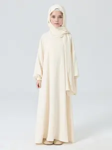 Girls' Plain Loose Fit Abaya Dress with Headscarf Hijab, Casual Long Robe for All Seasons, Middle Eastern Muslim Fashion