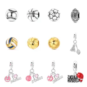 MULA 925 Silver-plated Sports Theme – Baseball, Basketball, Soccer, Volleyball, Tennis, and Rugby Beads, Team Spirit Jewelry, Pandora Compatible Bracelets, Gifts for Sporty Moms and Teens