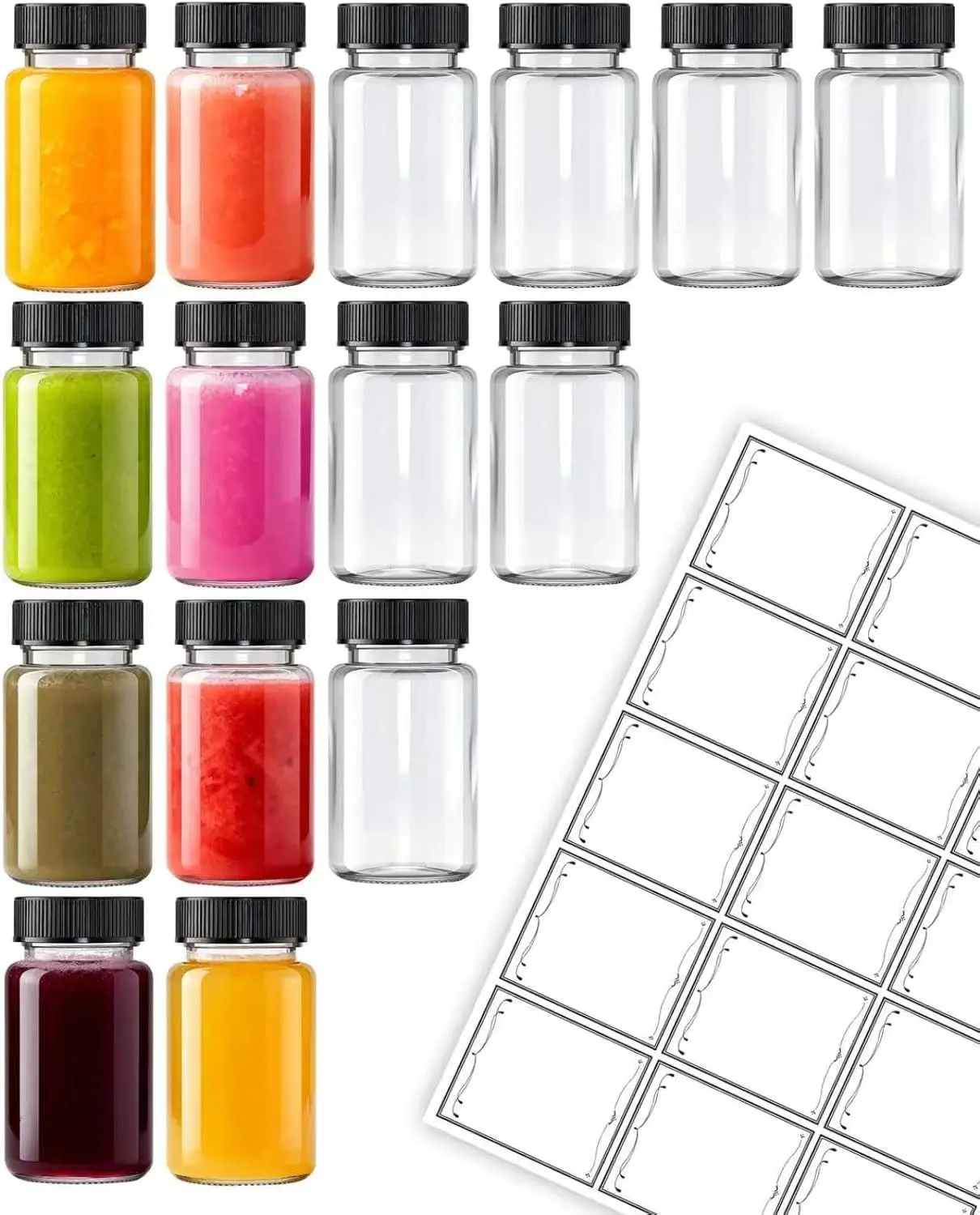 15 Pcs 2 Oz Reusable Small Wellness Glass Juice Shot Bottles With Black Caps & 15 Labels, BPA-Free Leak-Proof Dishwasher Safe For Juicing & Ginger Shots