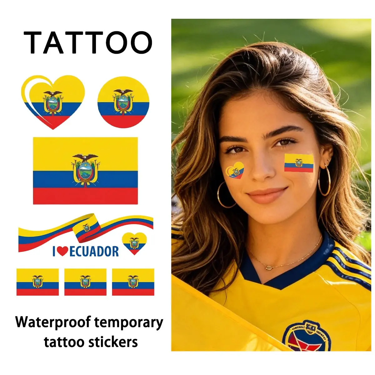 Ecuador Flag Temporary Tattoo Stickers, Waterproof Long-Lasting, Ephemeral Tattoos, Realistic Fake Tattoos for Face, Arm, Leg, Back, Collarbone, Chest
