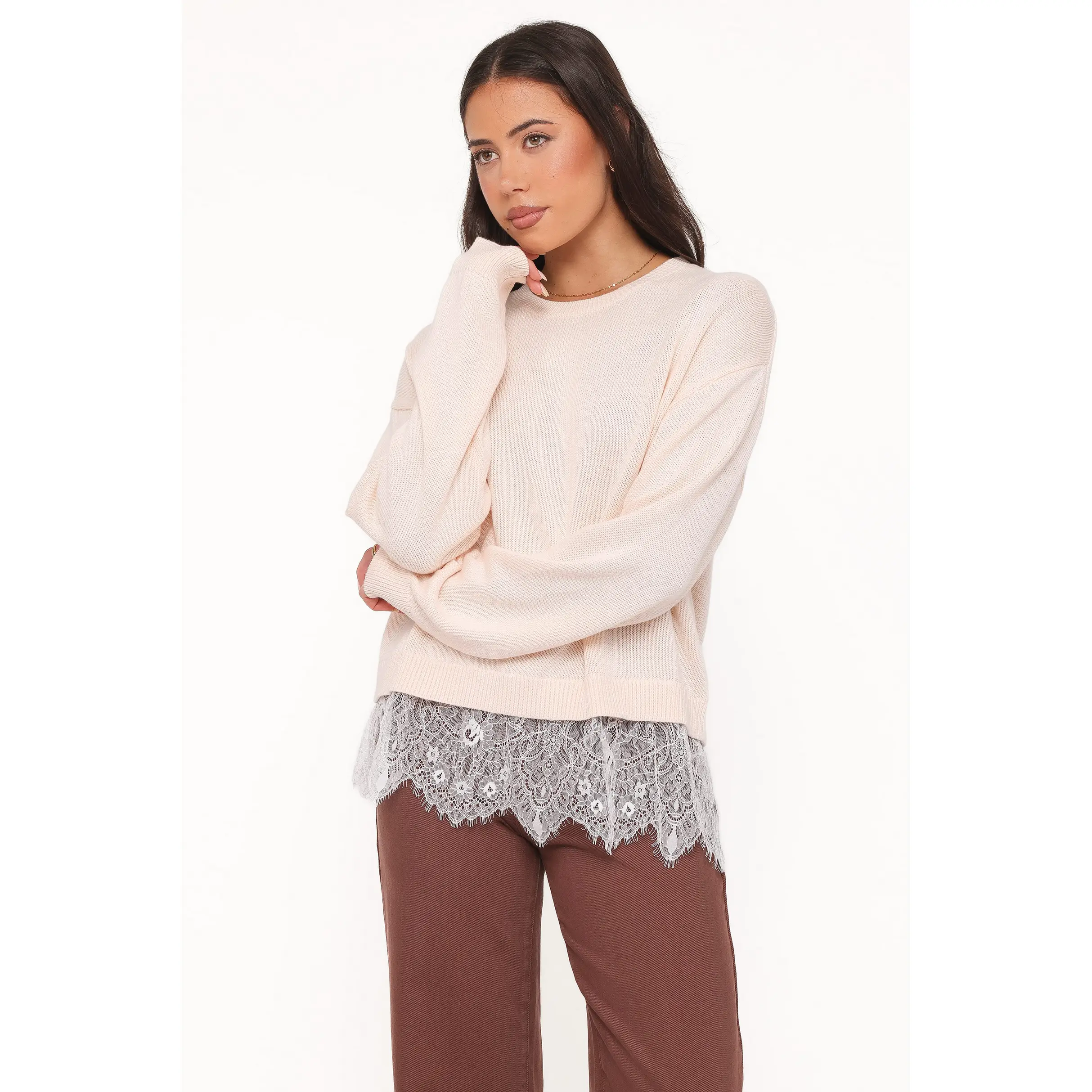 Mabel Lace Trim Sweater - Cream White