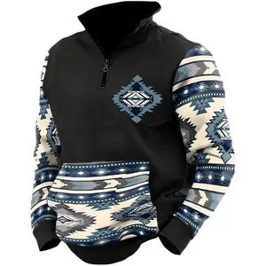 Aztec Cowboy Mens Hoodie Vintage Graphic Western Hoodies for Men Casual Long Sleeve Half Zip Pullover with Pocket Menswear Stylish Kangaroo Outdoor