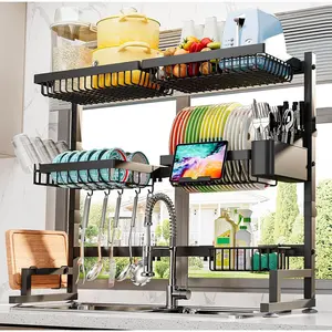 Over The Sink Dish Drying Rack (Expandable and Length) Snap-On 2 Tier Large Dish Rack (27-40L x 12W x 32.5-37H (inches))