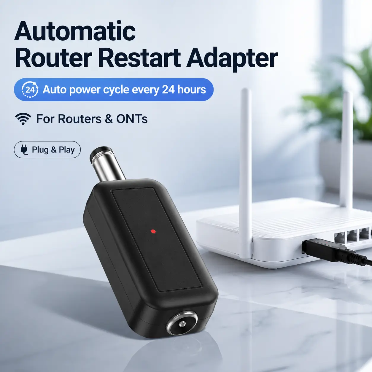 Automatic Router Rebooter, WiFi Router Restart Timer Power Cycle Module, Plug & Play Router Reset Helper for Modem, Router, IP Camera, NVR, Home Office, Parents, Vacation Rental, No App Needed