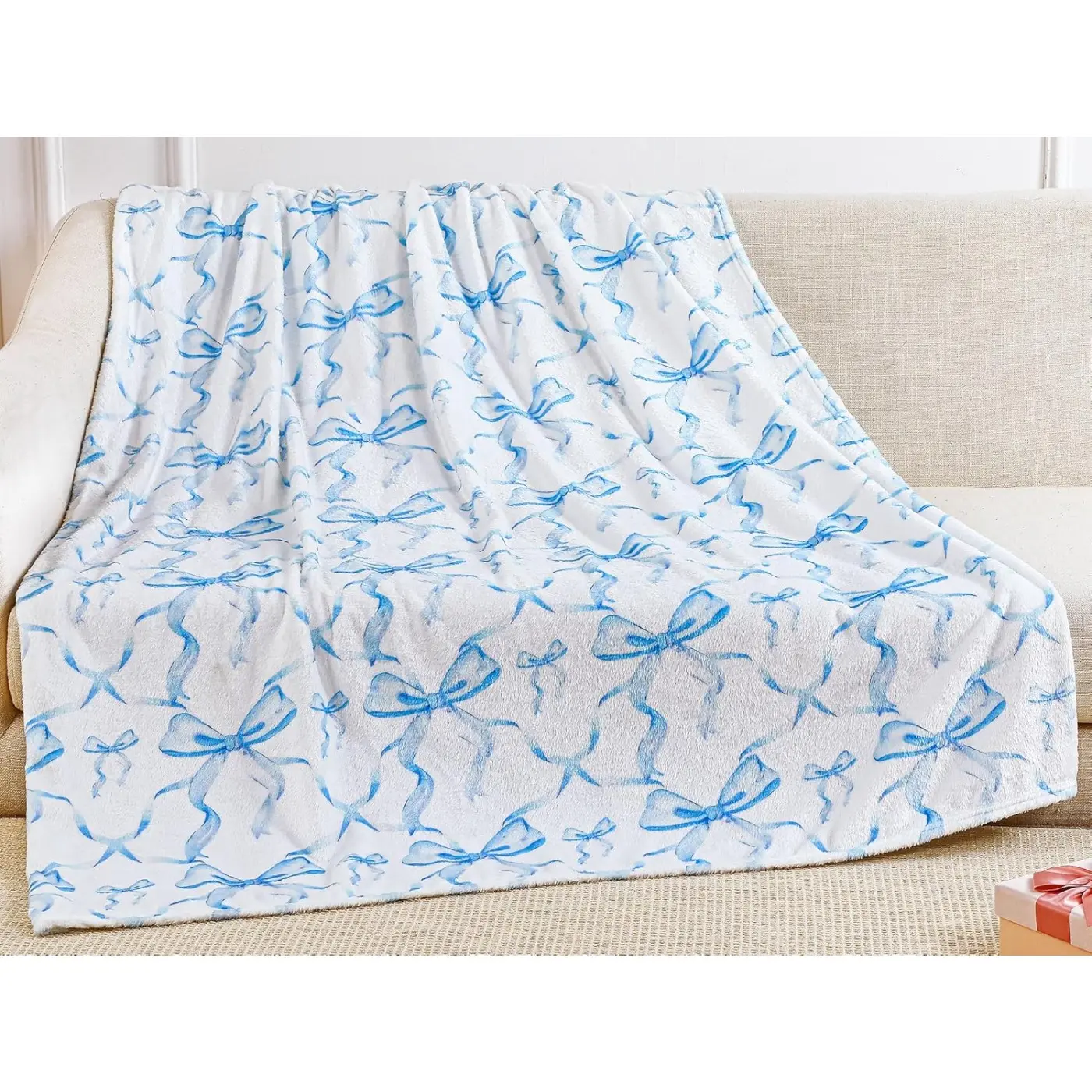 Blue Bow Throw Blanket for her, Bow Blanket Gift, Preppy Blanket Coquette Flannel Soft Cute Bow Stuff Lightweight Aesthetic Plush Preppy Room Decor for Sofa Couch Travel Bed home