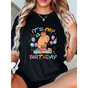Women's Cute Capybara "It's My Birthday" T-Shirt - Colorful Balloons, Cakes & Gifts Graphic Tee for Birthday Party, Casual Short Sleeve Top for Girls & Women 100% Cotton T-shirt