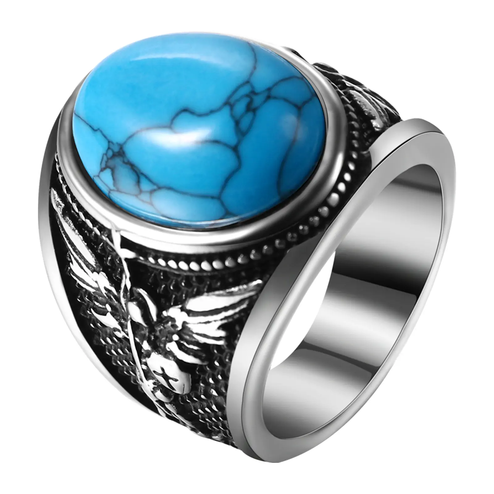 OIDEA Men's Saint Michael Archangel Medallion Ring - Stainless Steel Religious Motif Ring, Catholic Faith Jewelry with Oval Turquoise, Tiger Eye, Obsidian, Metal Coating, Men's Accessories, Mens Gifts, Male Guardian Shield Amulet Accessory