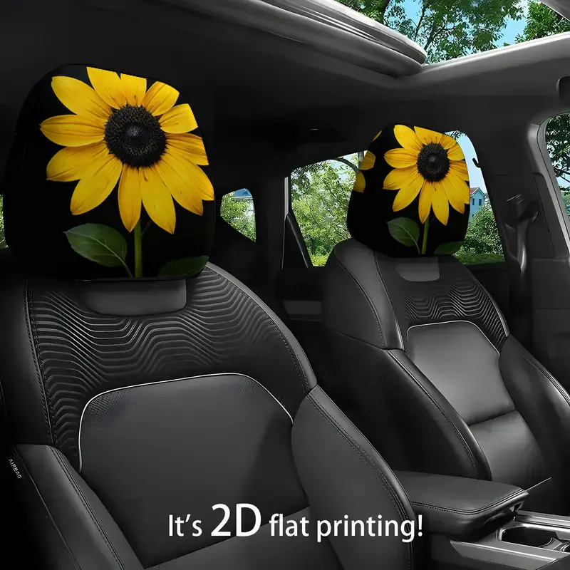 Black Background Sunflower Close-Up Print Car Headrest Protective Cover, Car Interior Accessory, Aesthetic Car Accessory, 2D Flat, Suitable for Travel/Daily Commuting/Car Interior Decoration/Car Decorations, Suitable for All Seasons
