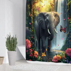 1/4 piece elephant design bathroom set, including soft floor mats, toilet seat cushions, shower curtains, creating elegant decoration, home decor, floor mats with good rebound, water absorption, anti slip, preferred for gift giving, Shower Curtain Sets