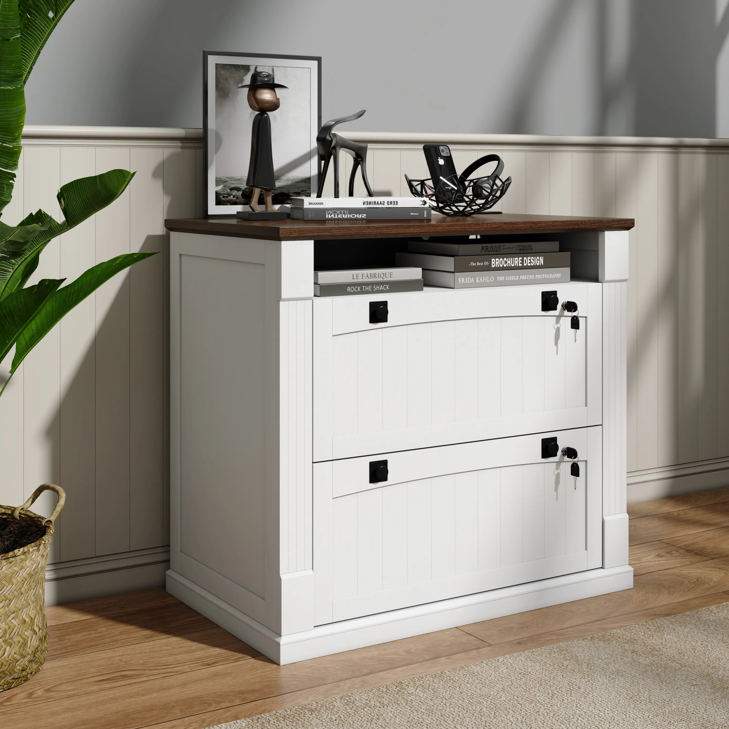 Gyfimoie White 2 Drawer File Cabinet with Lock & Charging Station,37'' Farmhouse Lateral Filing Cabinet with Open Storage Shelves for Home Office,Wood Printer Stand for Files/Letter/Legal/A4/F4 Size
