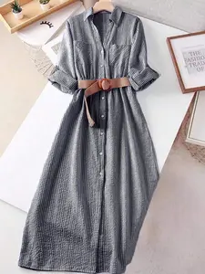 Women's Striped Cuffed Sleeve Single-Breasted Casual Pocket Shirt Dress