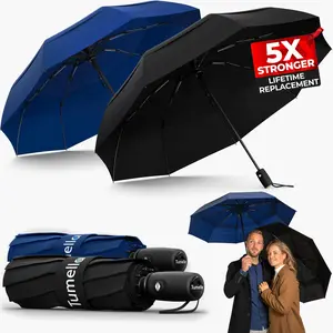 Tumella 9-Rib Bundle Solid Black/Navy Blue Umbrella Fiberglas Waterproof Lightweight Gift