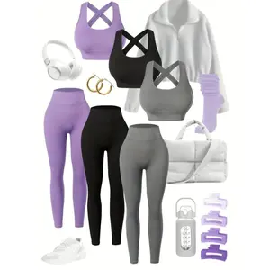 3pack, Women's High-Waisted Yoga Leggings Set With Built-In Bra, Seamless Design, Breathable Fabric, All-Season Wear (No Sweatshirt And Accesories)
