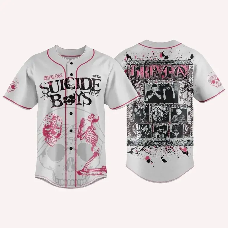 G59 Suicideboys Greyday 2026 Tour Pink Baseball Jersey - Unisex Y2K Streetwear Dark Trap Skeleton Graphic Button Up - Premium Breathable Athletic Mesh Concert Tee Merch Gift