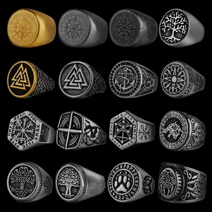 Nordic Viking Stainless Steel Ring - Anti-Rust Steel Ring with Anchor, Compass, Tree of Life, Viking Rune, Wolf Head - Unisex Costume Jewelry for Factory Wholesale, Anchor Rings, Anti-Rust Steel Rings