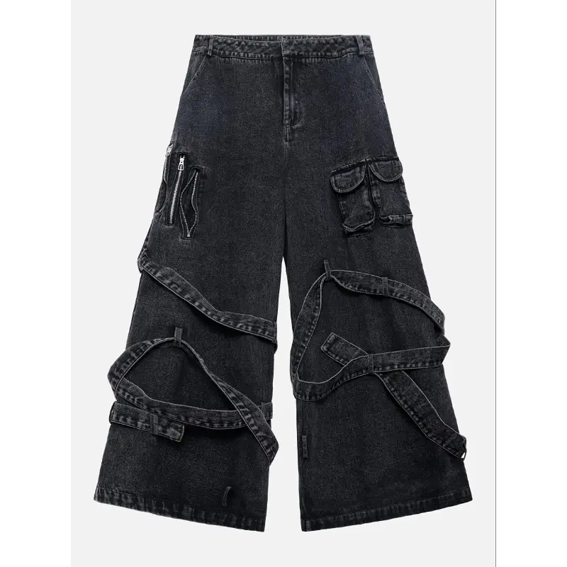 Men's and Women's Y2K streetwear with gothic and grunge styles. Features multi-strappy baggy pants, customized polyester pieces.