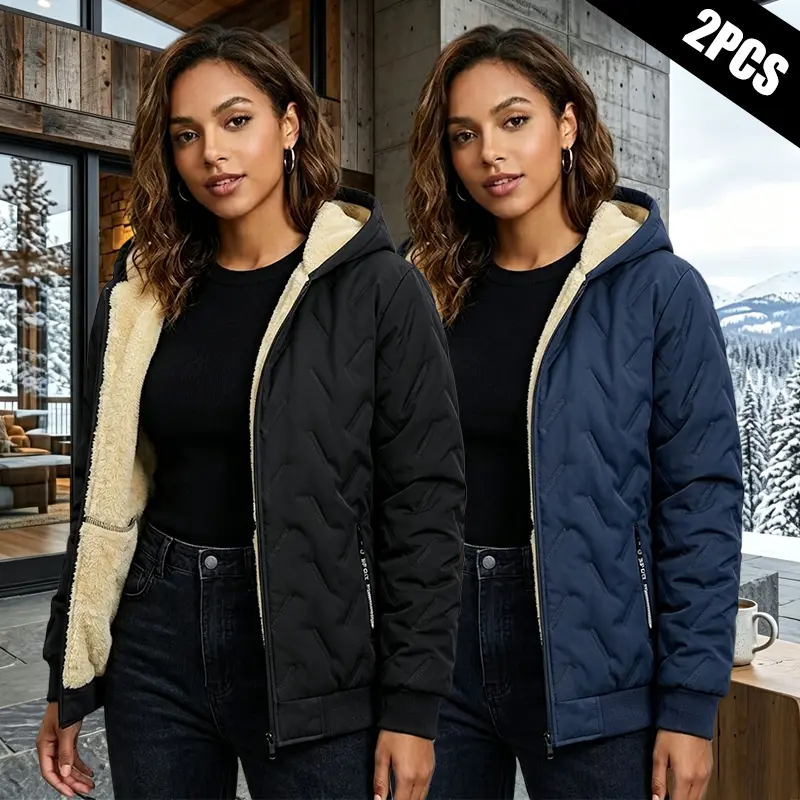Women’s 2-pack new fashion thick warm hooded cotton jacket, long sleeves, suitable for casual work, outdoor skiing, and fitness activities; fall/winter jacket