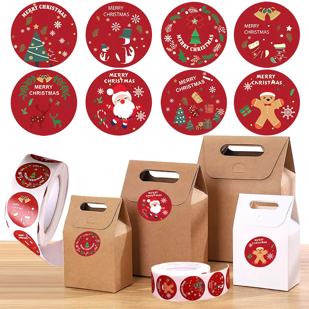 500Pcs Strong Adhesive Round Kraft Paper Christmas Stickers - Santa Claus,Xmas Tree,Gingerbread Patterns - Sealing Paster for Candy Bags,Gift Boxes - Festive Home Party Decor, Decorating, Gifts