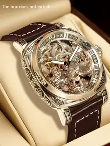 A men's alloy business style luminous carved automatic tourbillon hollow mechanical watch Analog Mechanical Watch