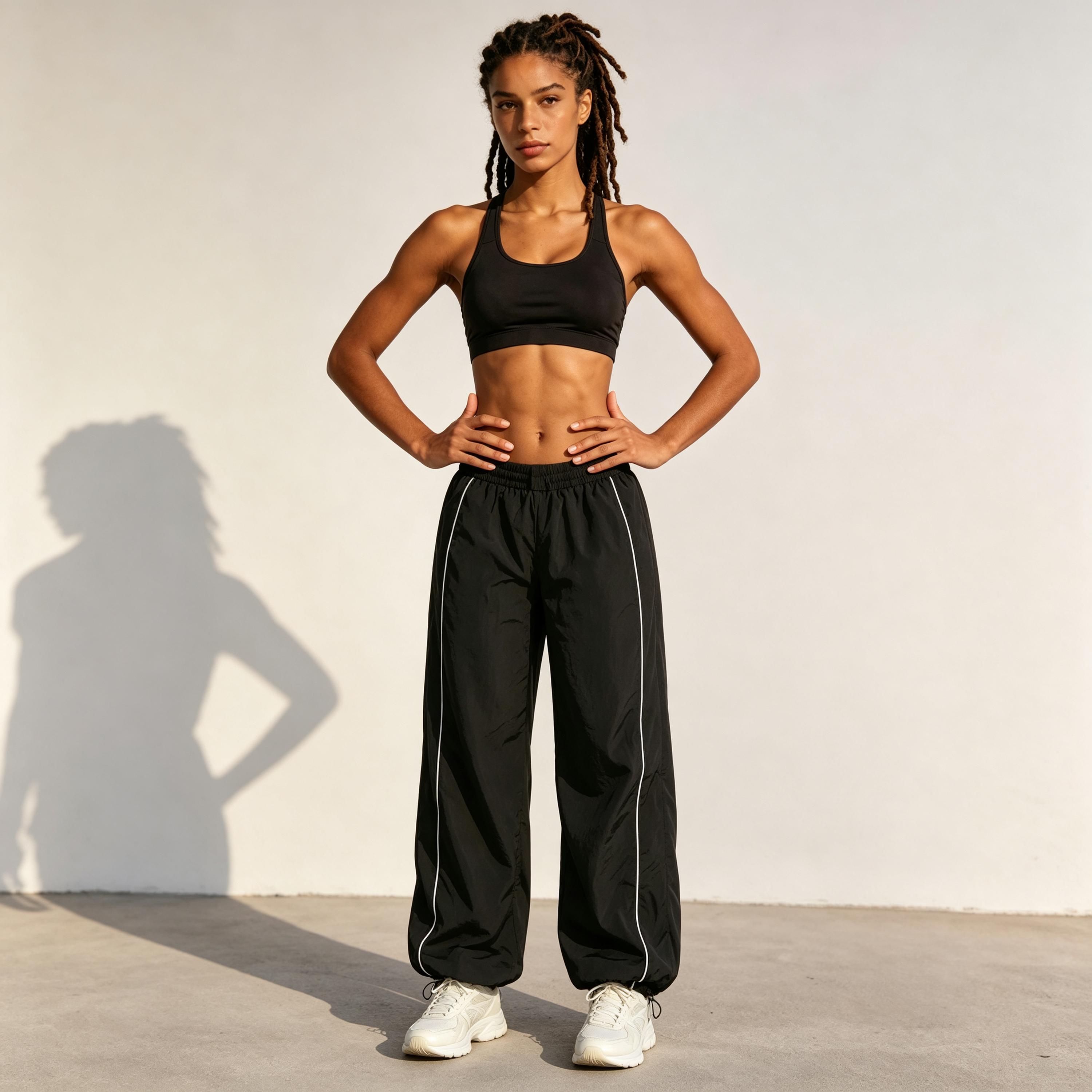 Women’s 2-Pack High-Waisted Parachute Track Pants - Polyester, Side Stripes, Elastic Waist, Drawstring Cuffs, Loose-Fit Windbreaker Joggers, Sporty Chic All-Season Casual Streetwear Athletic Bottoms, Polyester Pants, Casual Wear daily wear pant