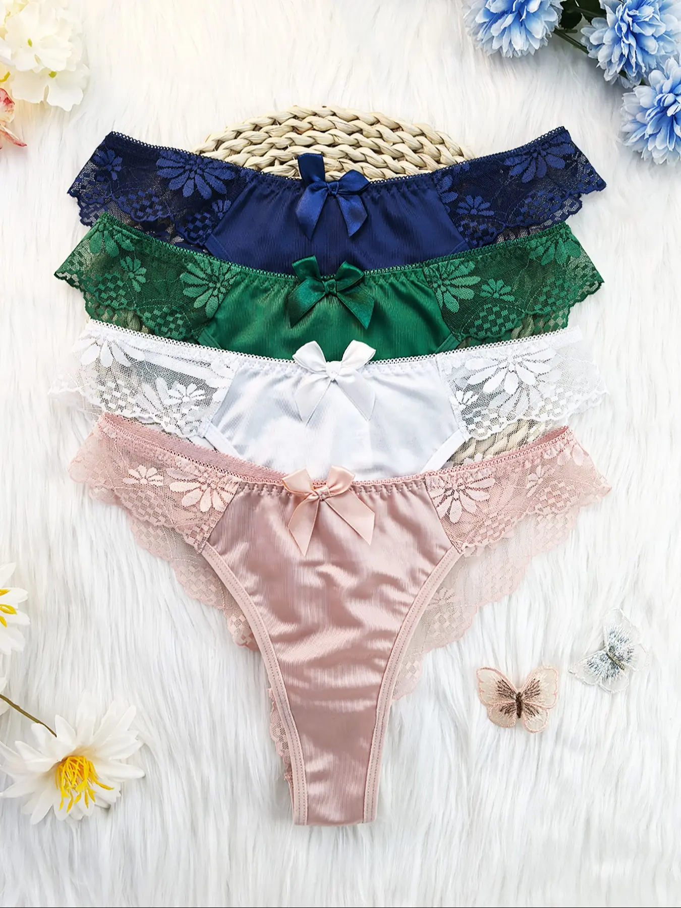4 pieces of elegant lace ice silk splicing panties for women, sexy half transparent lace edge wrapping, nylon blended high elastic comfortable wear all year round