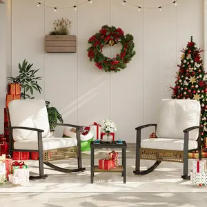 Aoxun 3-Piece Outdoor Rocking Bistro Set, Patio Furniture Set with Coffee Table and Thick Cushions, Wicker Rocking Chairs Set of 2 for Garden, Balcony, Backyard, Poolside