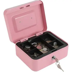 Locking Steel Medium Cash Box with Removable Coin Tray and Key Lock,7.87"x 6.30"x 3.54",Pink