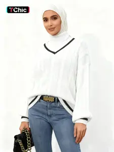 Women's Contrast Binding Drop Shoulder Cable Knit Sweater, Casual Long Sleeve V Neck Jumper for Spring & Fall, Fashion Women's Knitwear for Daily Wear