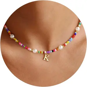 AS128 Colorful Initial Necklaces for Girls Beaded Pearl Choker Necklace for Women Trendy Personalized Letter  Birthday Gifts Colorful Jewelry