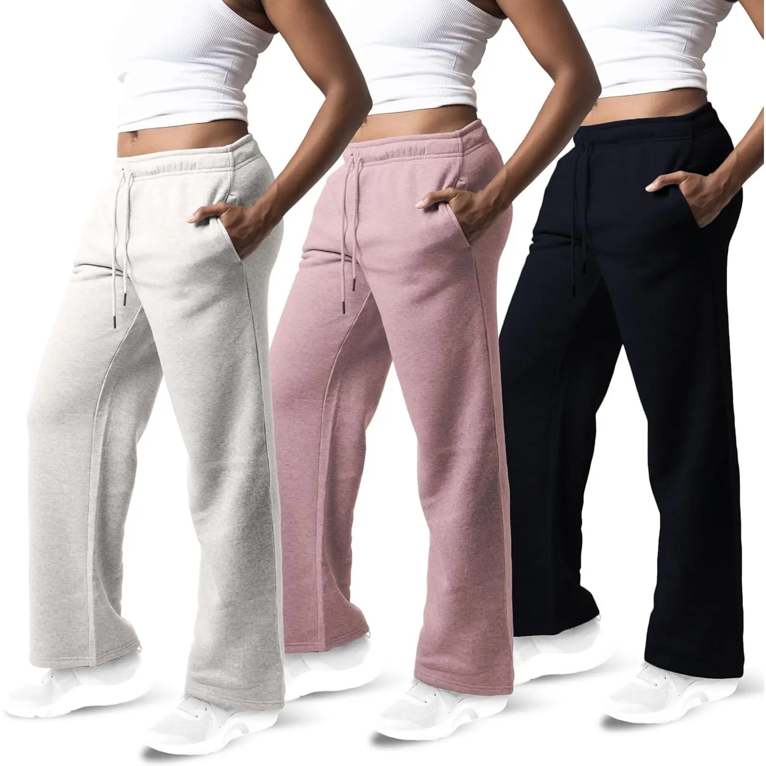 Women's 3-Pack High-Waisted Wide Flare Leg Breathable Full-Length Sporty Bottoms - Soft Plain Regular Fit Comfy Baggy Clothes, Plus Size Pink/Grey Sweatpants, Runner Outfit (2026 Available), Sporty Chic, Easy Care Breathable Fabric