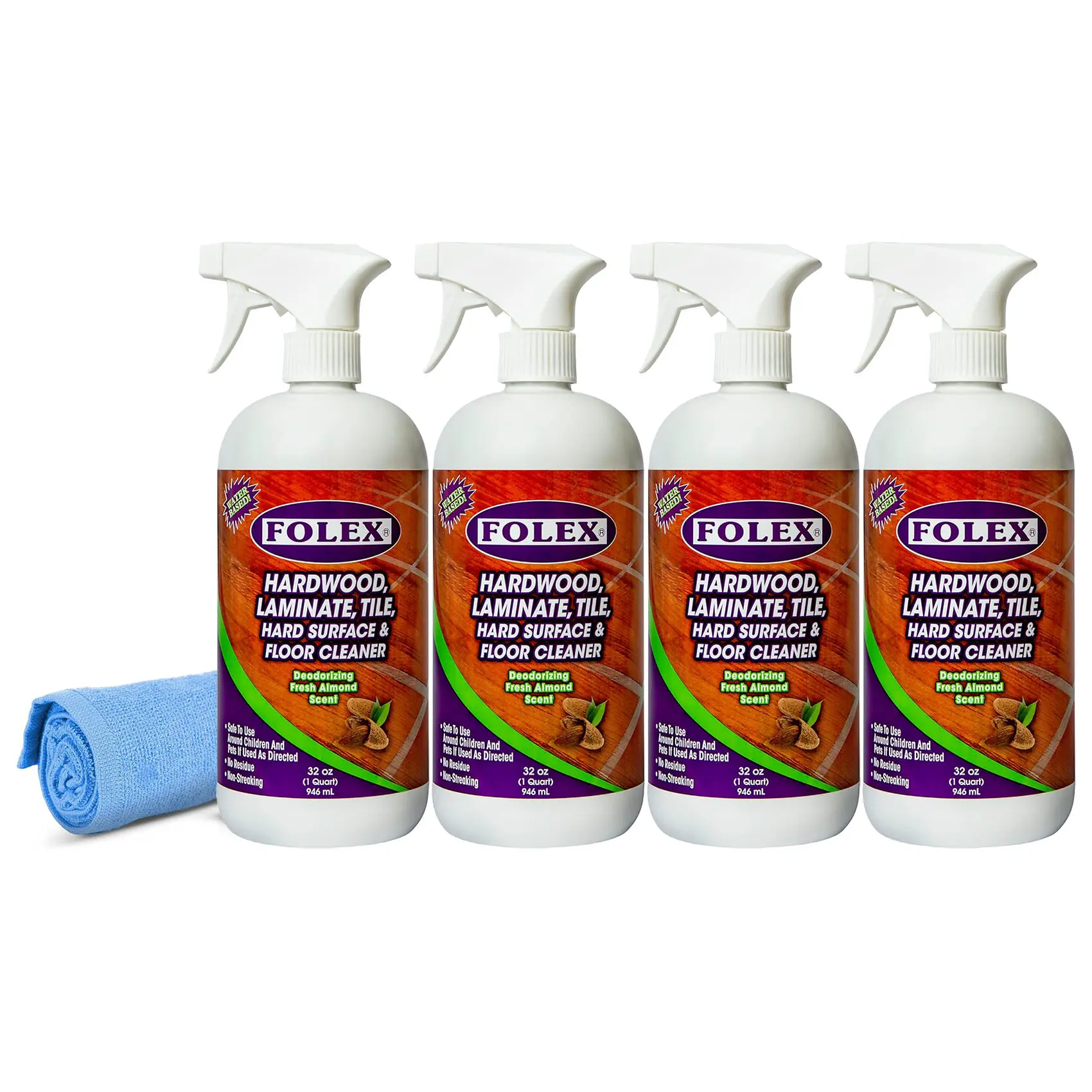 Folex Hardwood, Laminate, Tile, Hard Surface & Floor Cleaner with Reusable Cleaning Cloth, Fresh Almond Scent, Residue and Streak Free - 4 Pack