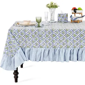 Ridhi Light Steel Blue Ruffle Block Print Tablecloth 100% Cotton 60x60 Square Floral Table Cover, Elegant, Vintage, Shabby Chic Home Decor for Wedding, Kitchen, Farmhouse, Garden, Gift for Festival