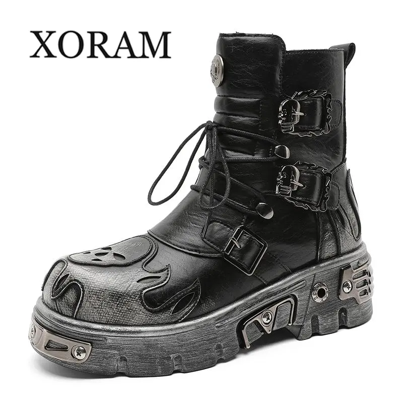 XORAM Men's Gothic Punk Platform Boots for Men, Skull Motif Chunky Sole Motorcycle Boot, Edgy Streetwear Footwear for Daily & Party 561220-N Black Leather