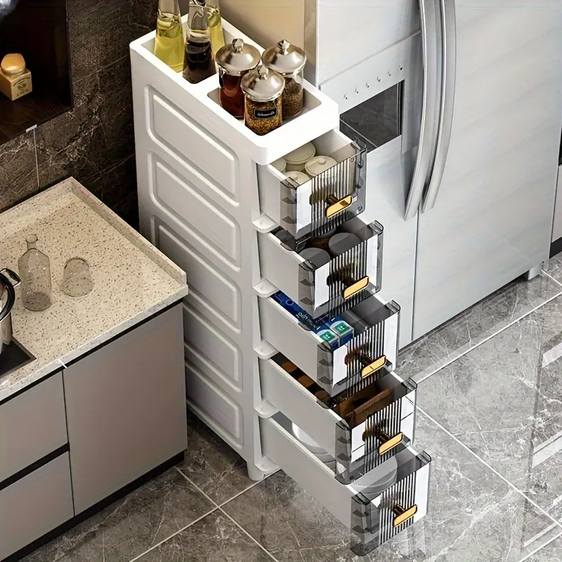 Drawer-style bathroom crevice storage cabinet, compact plastic storage cabinet for cosmetics, bathroom gap storage rack with 3, 4, 5 or 6 tiers