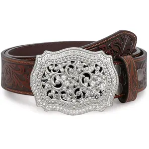 XZQTIVE Unisex Western Genuine Leather Belt - Floral Engraved Tooled Strap with Embossed Scrollwork Buckle, Perfect for Cowgirls & Cowboys