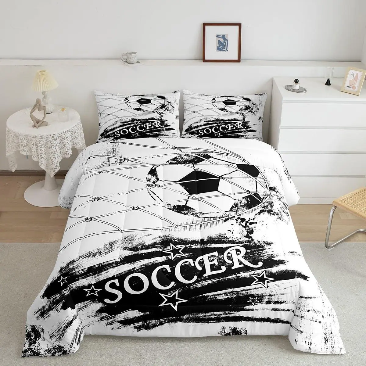 Football Comforter Set Toddle Graffiti Bedding Set Black White Comforter Women Men Room Decor Lightweight American Quilt Set
