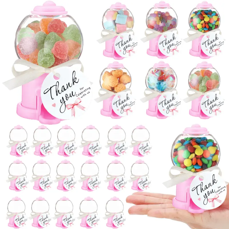 Candy Theme Party Favor Sets (12/24 Packs) - 4 in Mini Candy Dispenser, Thank You Cards, Ribbon Plastic Gumball Machines for Birthday Party Supplies, Sweet Celebration Decor, Gifts, Mini Dispenser